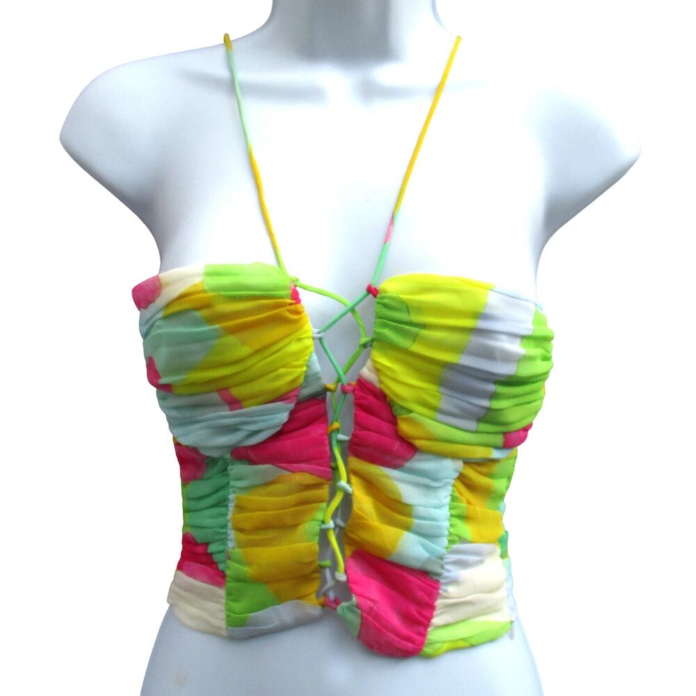 Nwt ZARA Multicolor Ruched Lined Boned Halter Crop Top Spaghetti Straps Size M